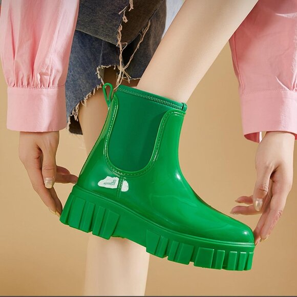 Women's Green Ankle Boots Waterproof Platform Rubber Chelsea Comfortable Shoes - Picture 2 of 6